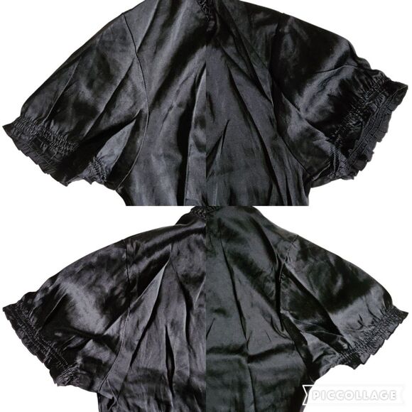 BCBGMAXAZRIA Black Silk Blend Short Sleeve V Neck Ruched Top Sz S - Picture 7 of 11